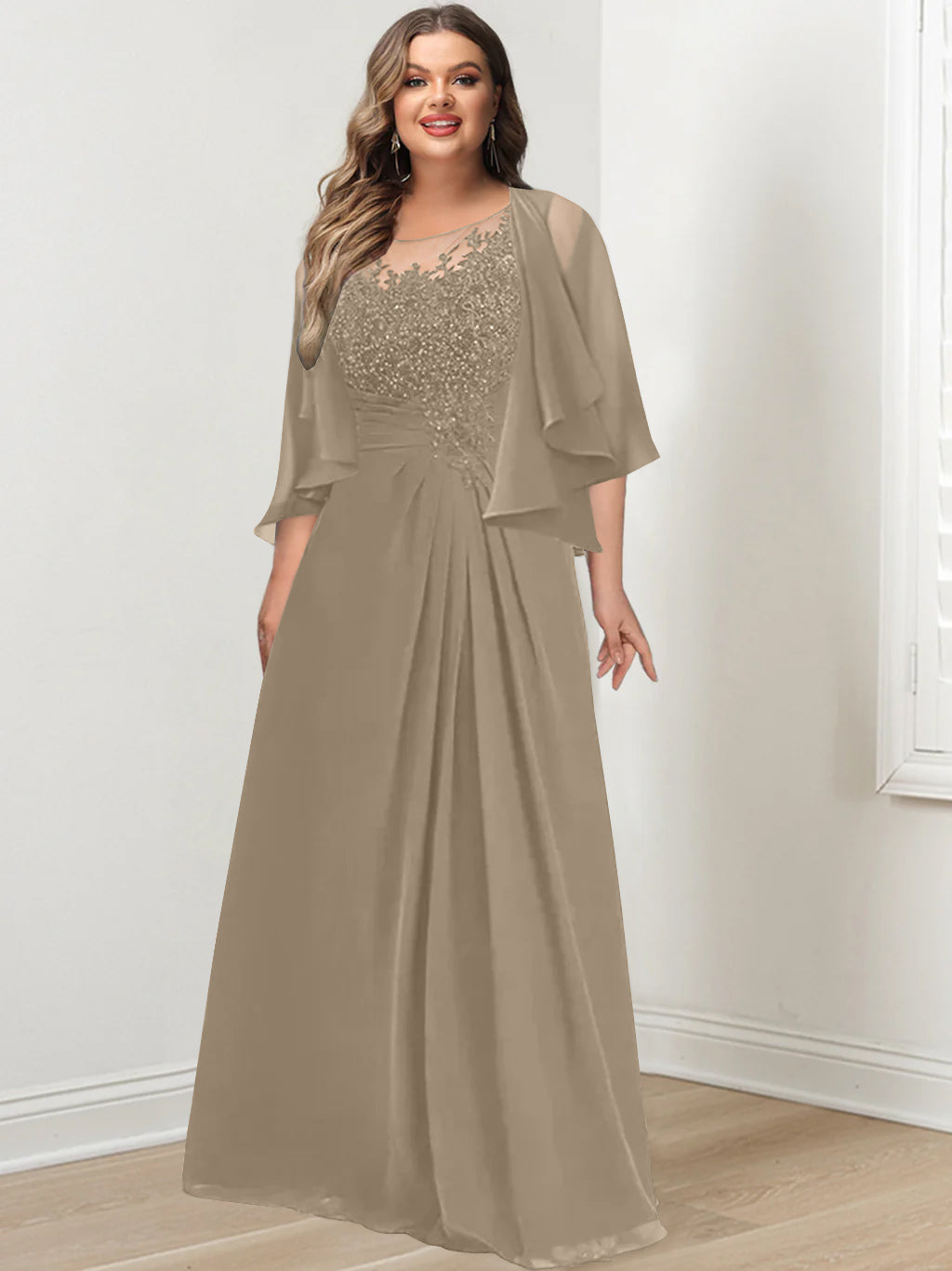 Plus Size Mother of the Bride A-Line Princess Scoop Floor-Length Dress with Pleated & Sequins
