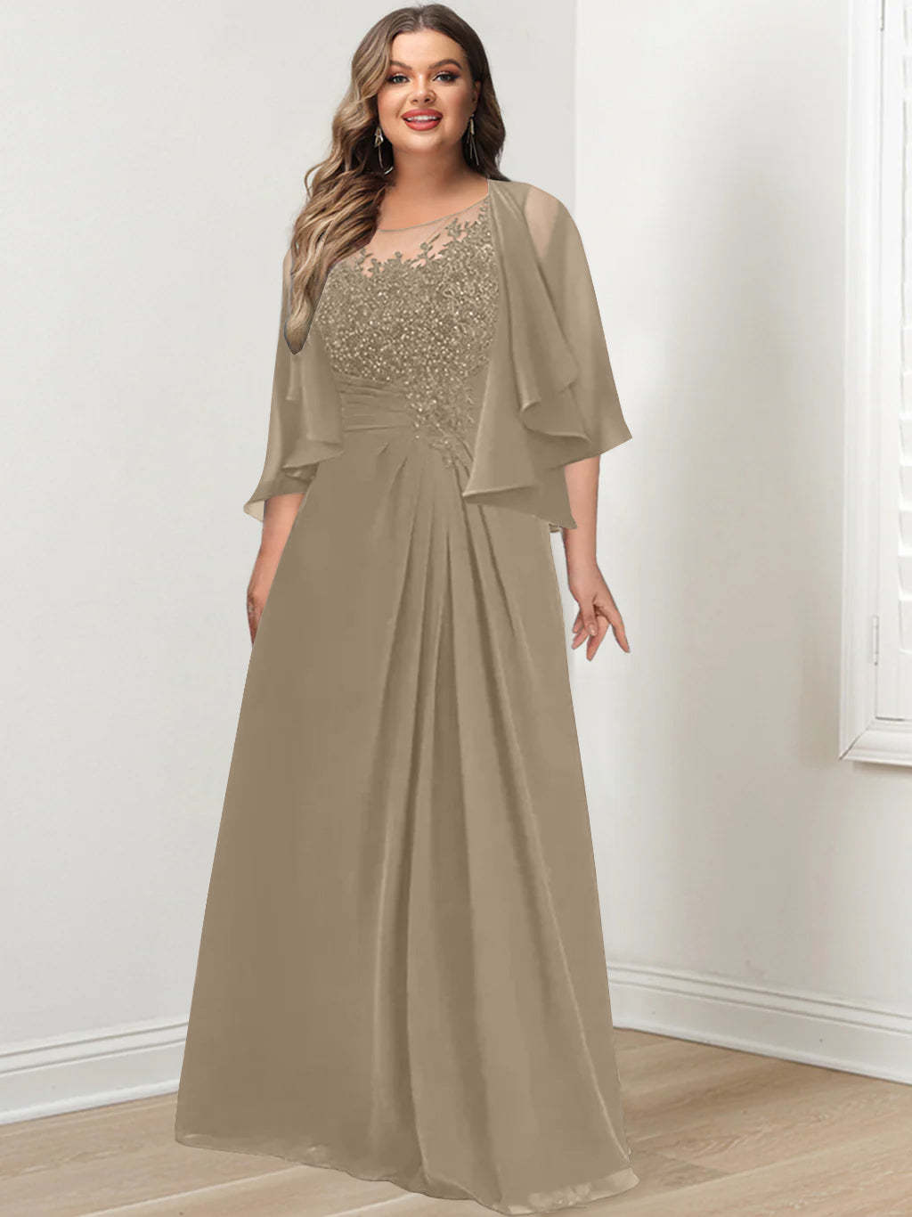 Plus Size Mother of the Bride A-Line Princess Scoop Floor-Length Dress with Pleated & Sequins