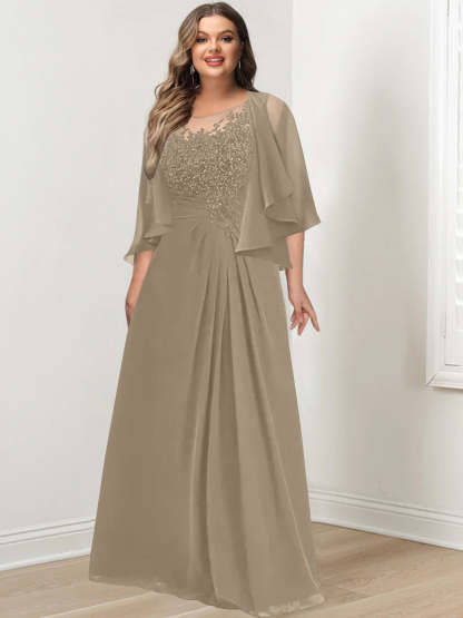 Plus Size Mother of the Bride A-Line Princess Scoop Floor-Length Dress with Pleated & Sequins