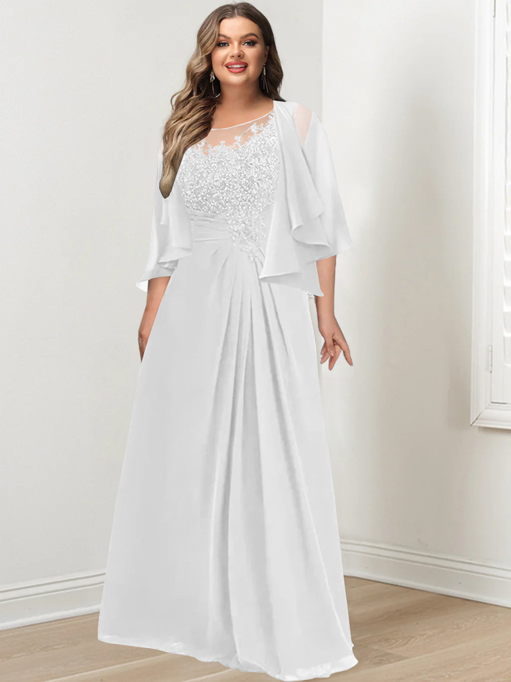 Plus Size Mother of the Bride A-Line Princess Scoop Floor-Length Dress with Pleated & Sequins