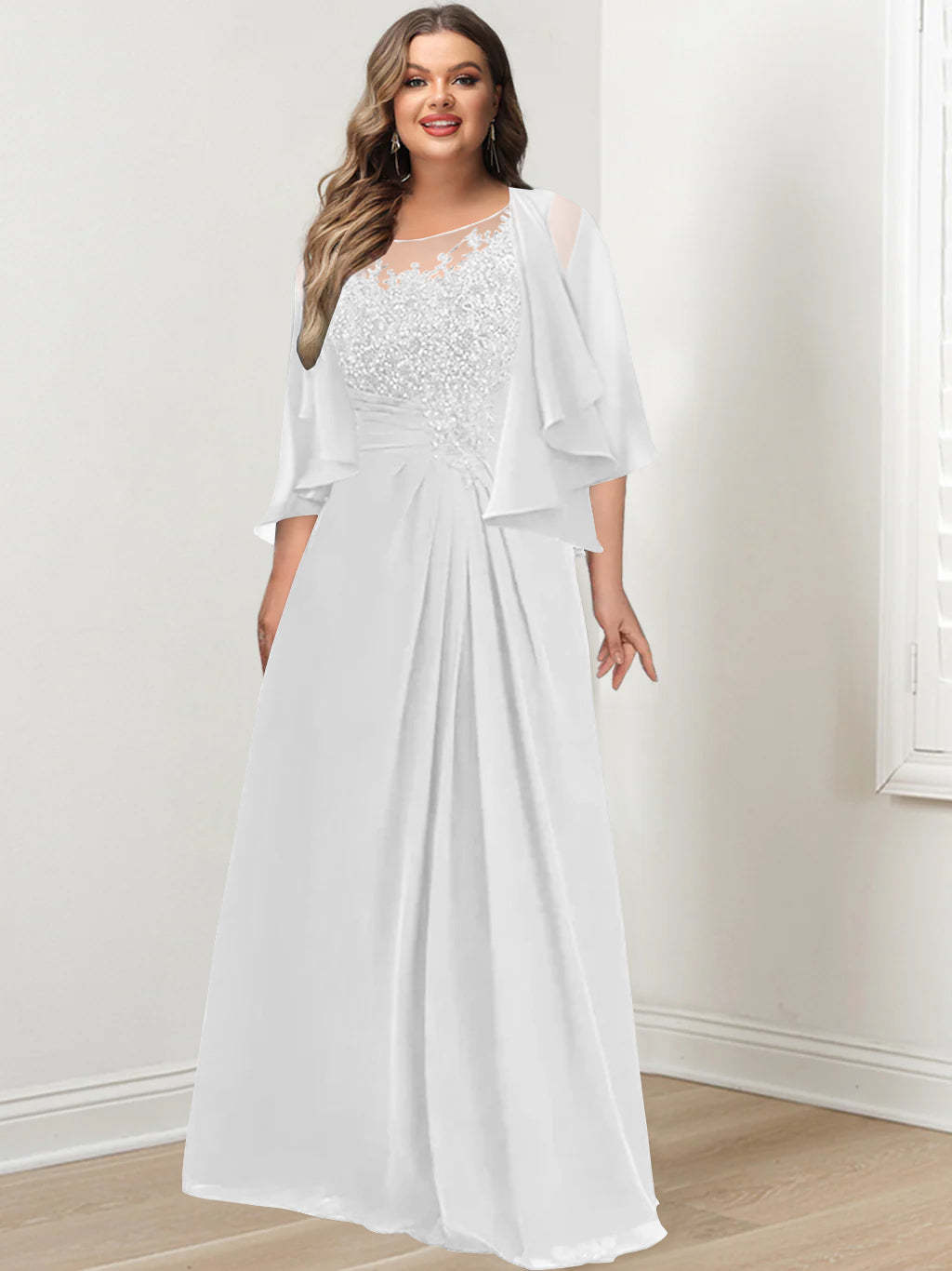 Plus Size Mother of the Bride A-Line Princess Scoop Floor-Length Dress with Pleated & Sequins