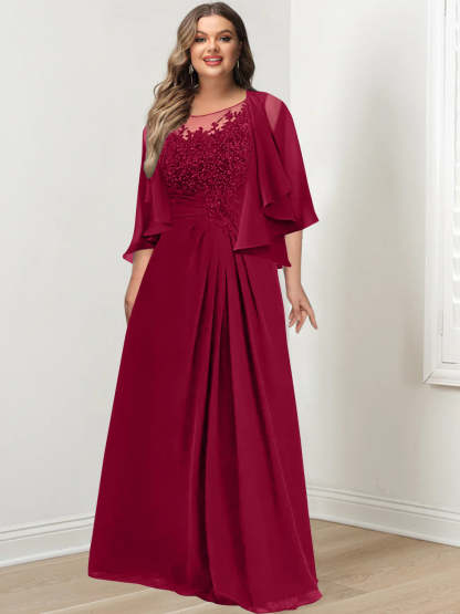 Plus Size Mother of the Bride A-Line Princess Scoop Floor-Length Dress with Pleated & Sequins