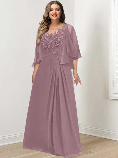 Plus Size Mother of the Bride A-Line Princess Scoop Floor-Length Dress with Pleated & Sequins