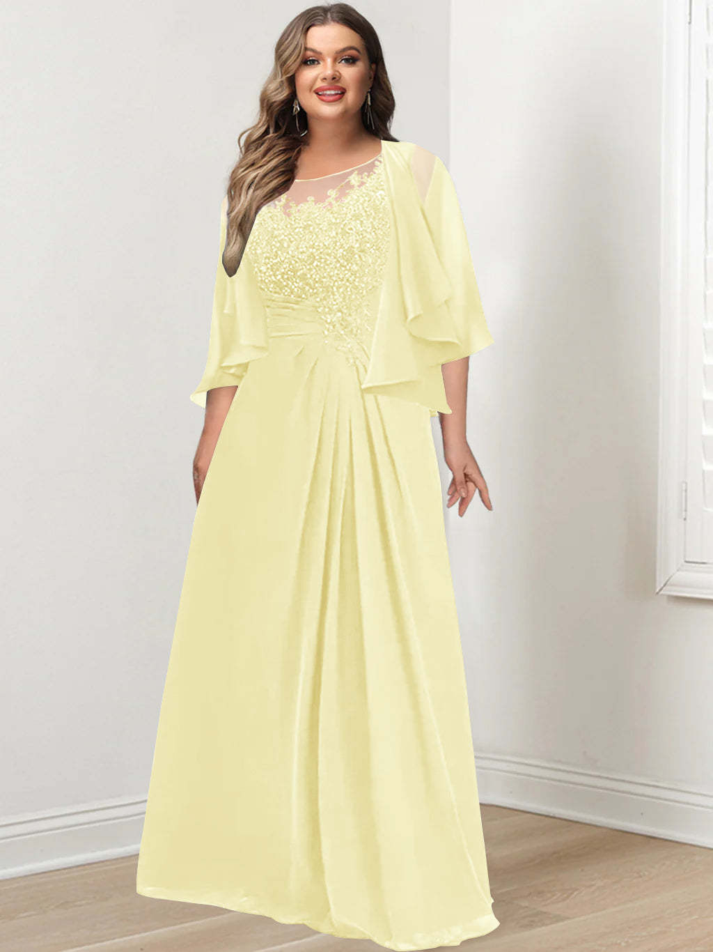 Plus Size Mother of the Bride A-Line Princess Scoop Floor-Length Dress with Pleated & Sequins