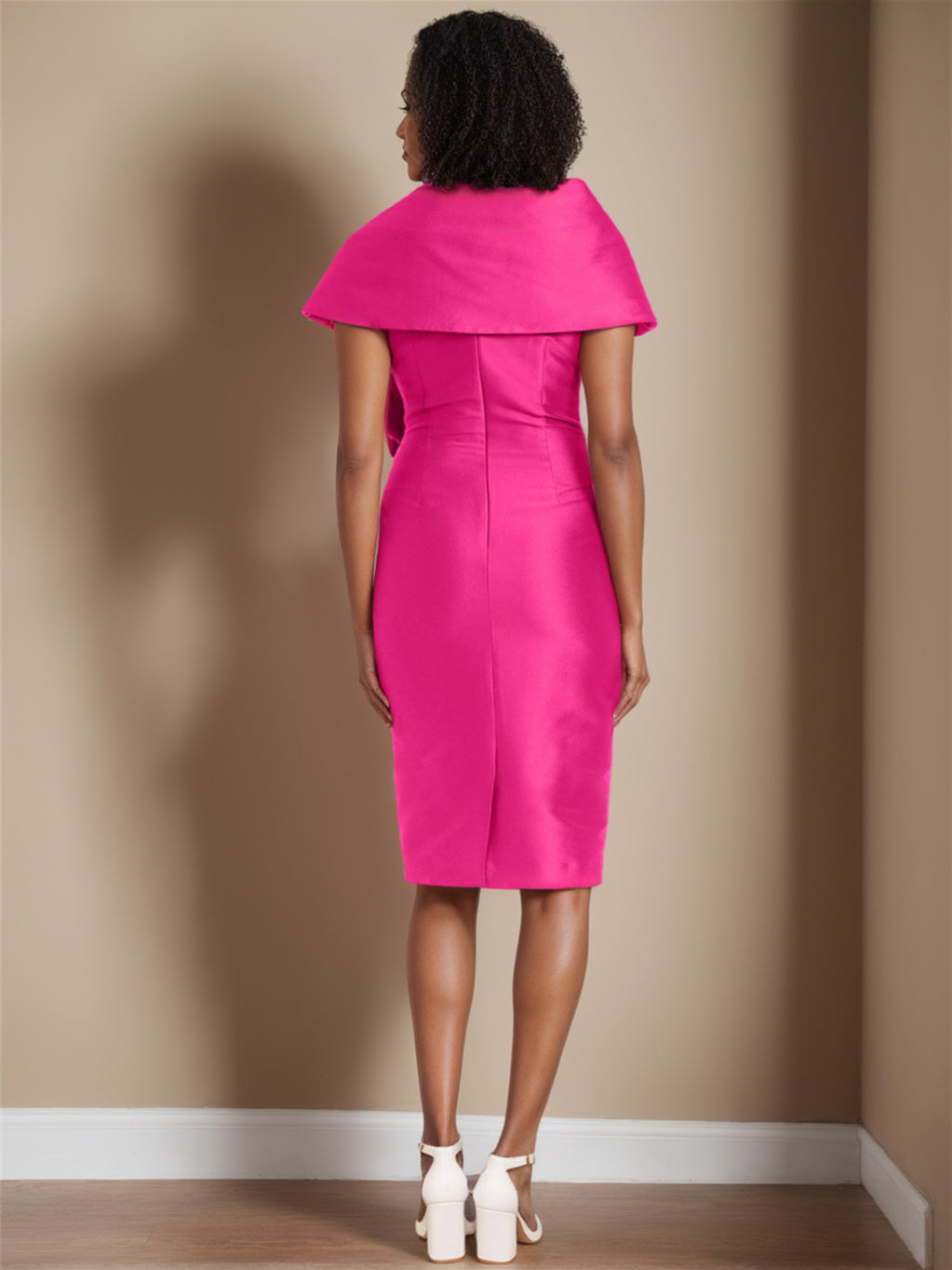 Sleeveless Off-The-Shoulder Knee-Length Satin Sheath Dress with Bow(s) for the Mother of the Bride