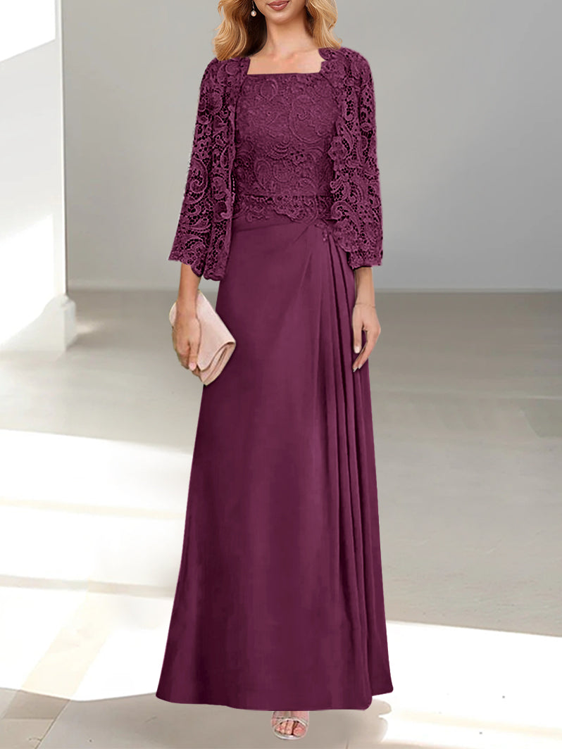 2 A-Line/Princess Scoop Mother of the Bride Dresses with Pleated & Lace Appliques Floor-Length