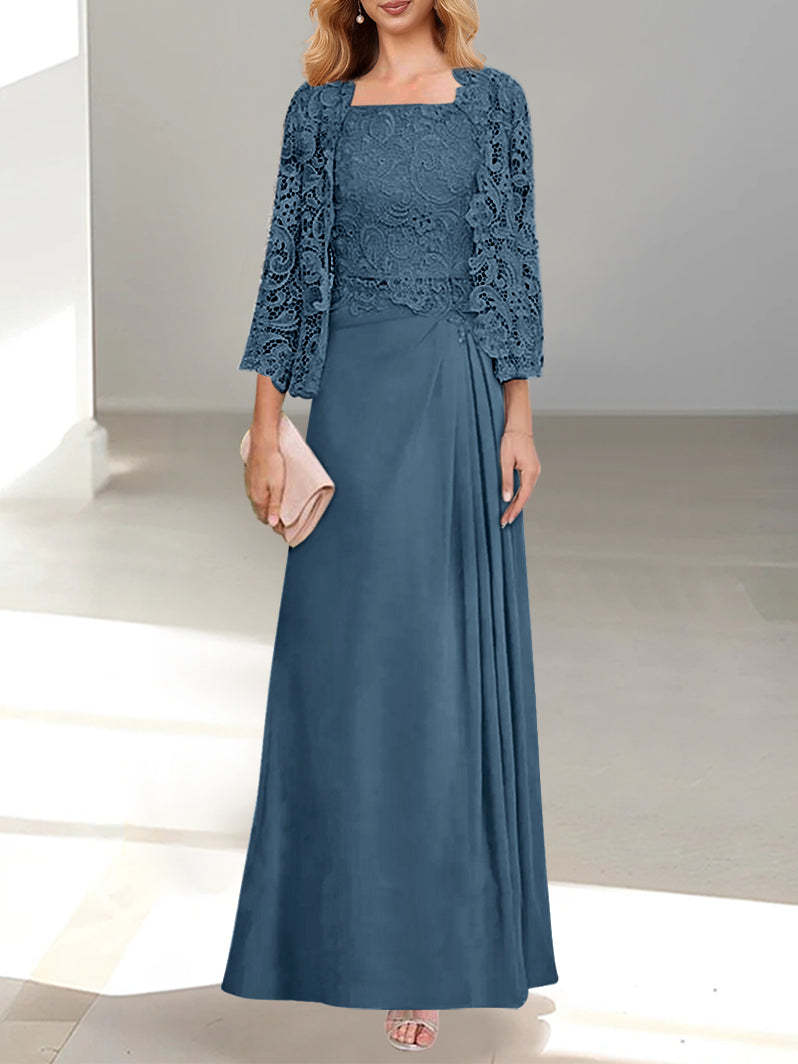 2 A-Line/Princess Scoop Mother of the Bride Dresses with Pleated & Lace Appliques Floor-Length