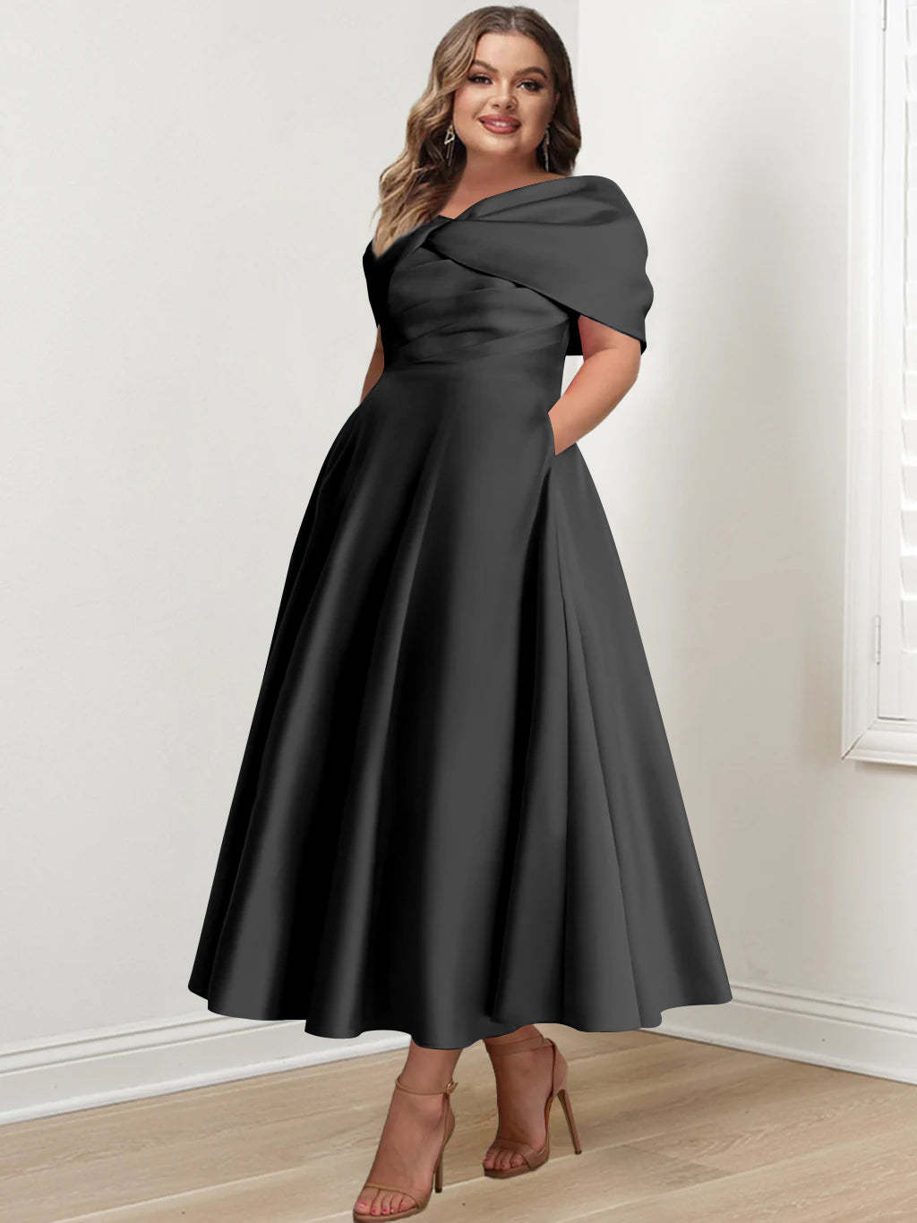 Plus Size Off-The-Shoulder A-Line Princess Ankle-Length Mother Of The Bride Dress With Ruffles & Bowknot-BMbridal.UK