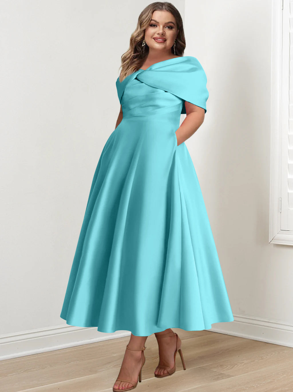 Plus Size Off-The-Shoulder A-Line Princess Ankle-Length Mother Of The Bride Dress With Ruffles & Bowknot-BMbridal.UK