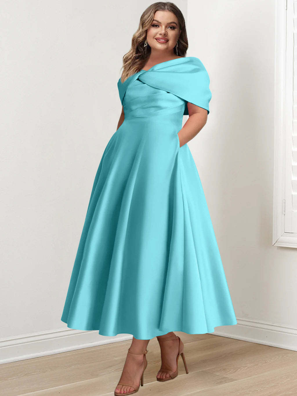 Plus Size Off-The-Shoulder A-Line Princess Ankle-Length Mother Of The Bride Dress With Ruffles & Bowknot-BMbridal.UK