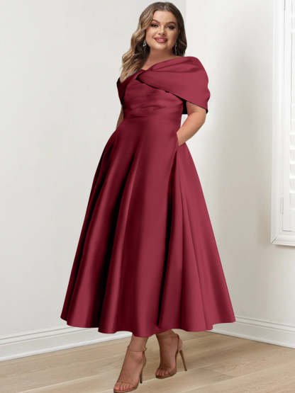 Plus Size Off-The-Shoulder A-Line Princess Ankle-Length Mother Of The Bride Dress With Ruffles & Bowknot-BMbridal.UK