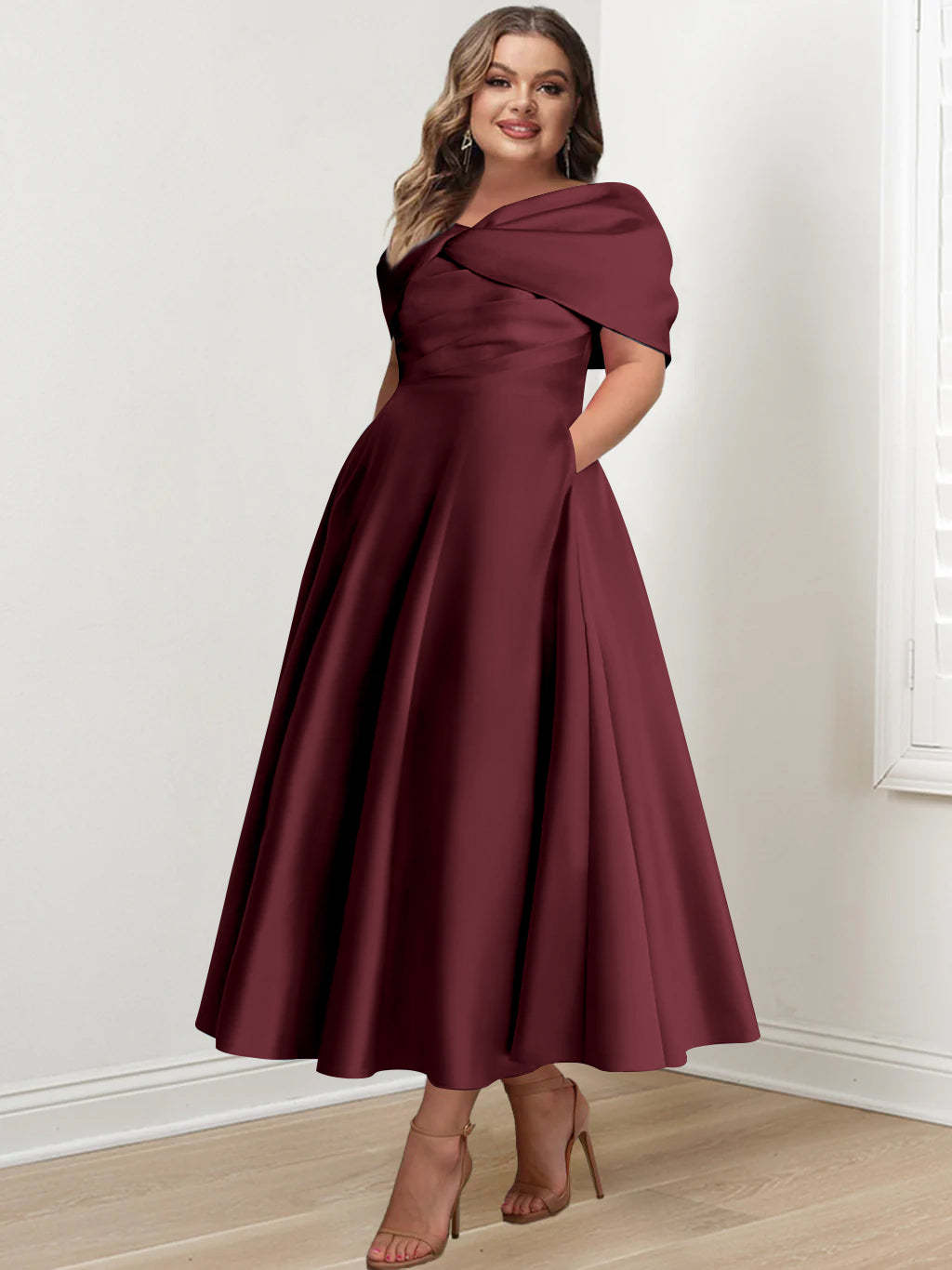 Plus Size Off-The-Shoulder A-Line Princess Ankle-Length Mother Of The Bride Dress With Ruffles & Bowknot-BMbridal.UK