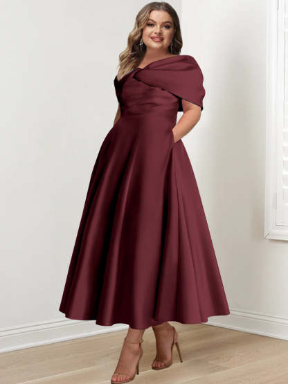 Plus Size Off-The-Shoulder A-Line Princess Ankle-Length Mother Of The Bride Dress With Ruffles & Bowknot-BMbridal.UK