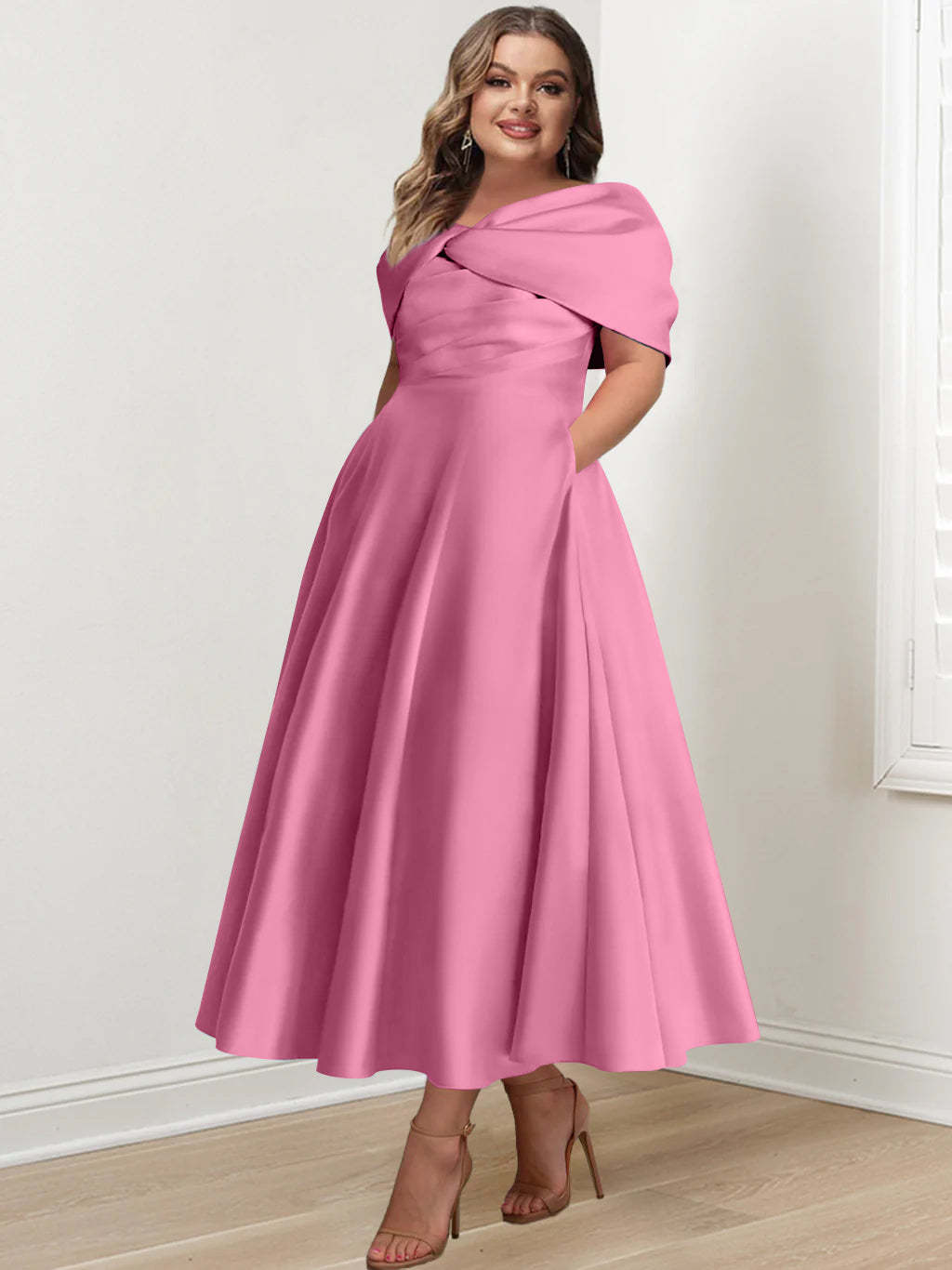 Plus Size Off-The-Shoulder A-Line Princess Ankle-Length Mother Of The Bride Dress With Ruffles & Bowknot-BMbridal.UK