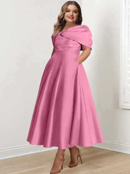 Plus Size Off-The-Shoulder A-Line Princess Ankle-Length Mother Of The Bride Dress With Ruffles & Bowknot-BMbridal.UK