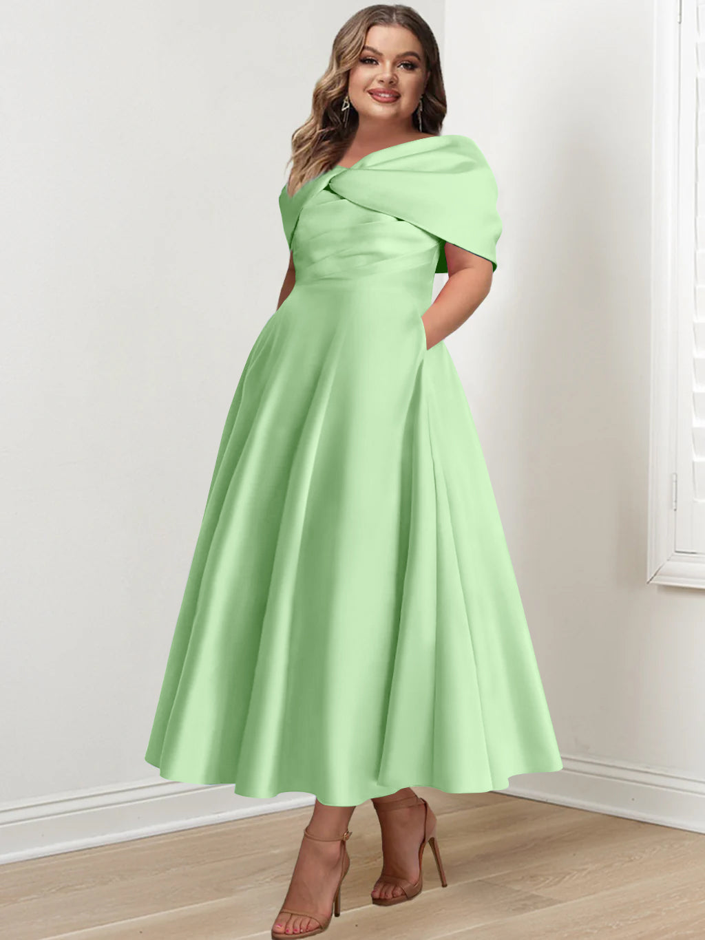 Plus Size Off-The-Shoulder A-Line Princess Ankle-Length Mother Of The Bride Dress With Ruffles & Bowknot-BMbridal.UK