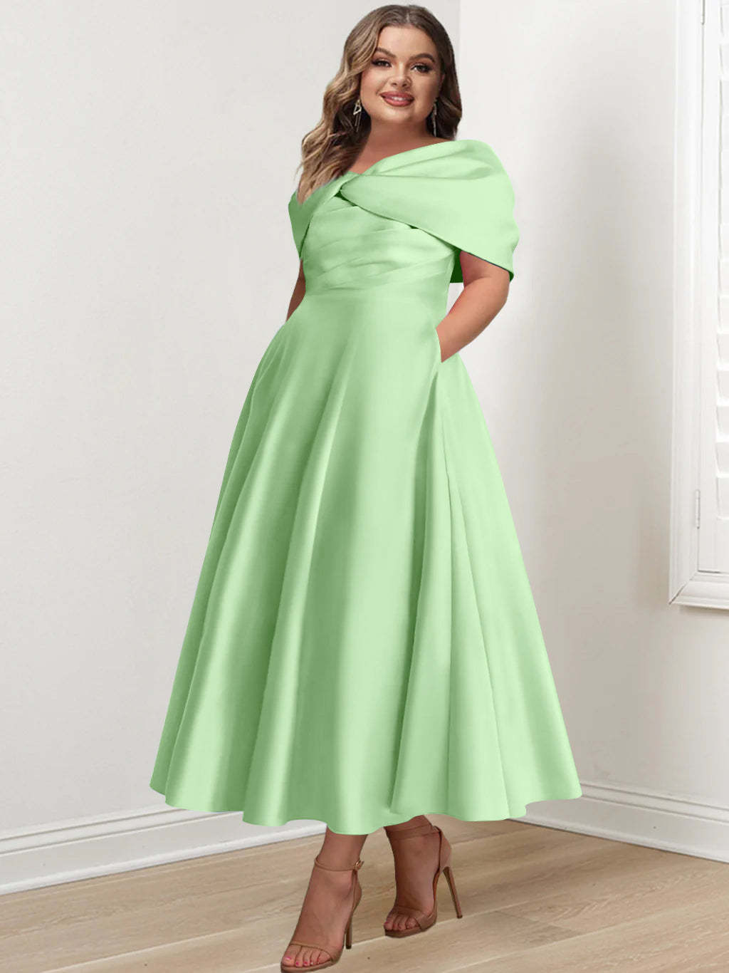 Plus Size Off-The-Shoulder A-Line Princess Ankle-Length Mother Of The Bride Dress With Ruffles & Bowknot-BMbridal.UK