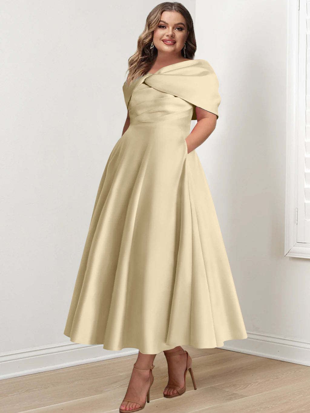 Plus Size Off-The-Shoulder A-Line Princess Ankle-Length Mother Of The Bride Dress With Ruffles & Bowknot-BMbridal.UK