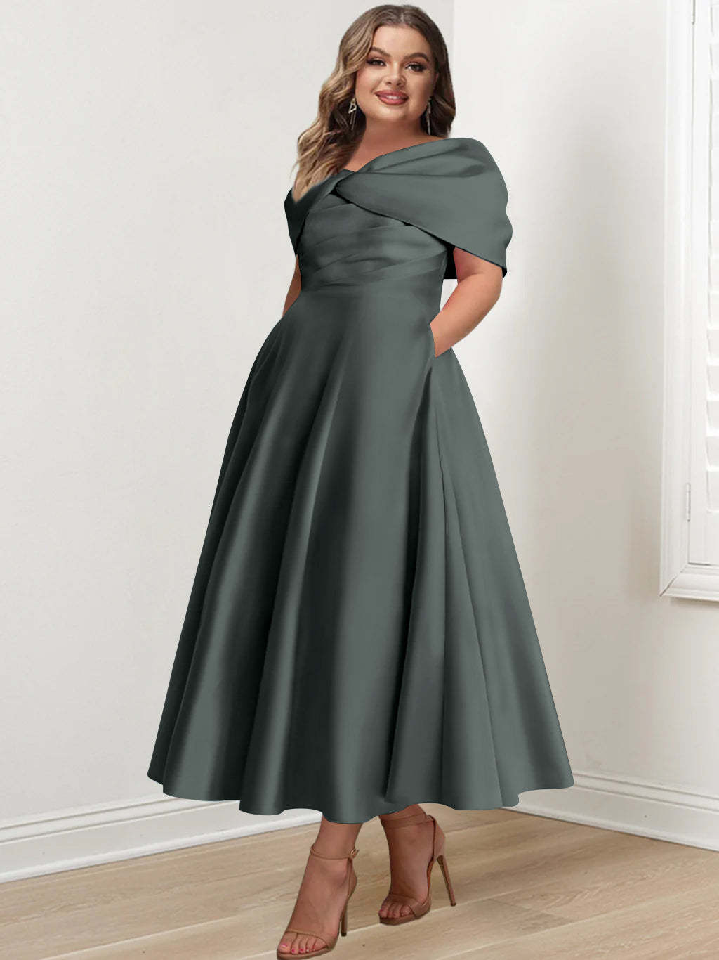 Plus Size Off-The-Shoulder A-Line Princess Ankle-Length Mother Of The Bride Dress With Ruffles & Bowknot-BMbridal.UK