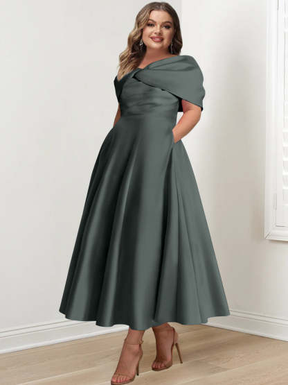 Plus Size Off-The-Shoulder A-Line Princess Ankle-Length Mother Of The Bride Dress With Ruffles & Bowknot-BMbridal.UK