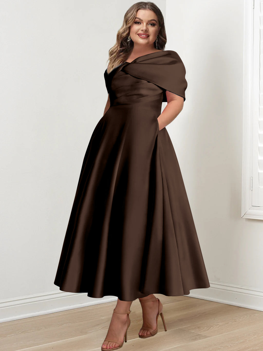 Plus Size Off-The-Shoulder A-Line Princess Ankle-Length Mother Of The Bride Dress With Ruffles & Bowknot-BMbridal.UK