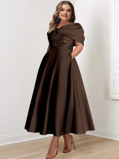 Plus Size Off-The-Shoulder A-Line Princess Ankle-Length Mother Of The Bride Dress With Ruffles & Bowknot-BMbridal.UK