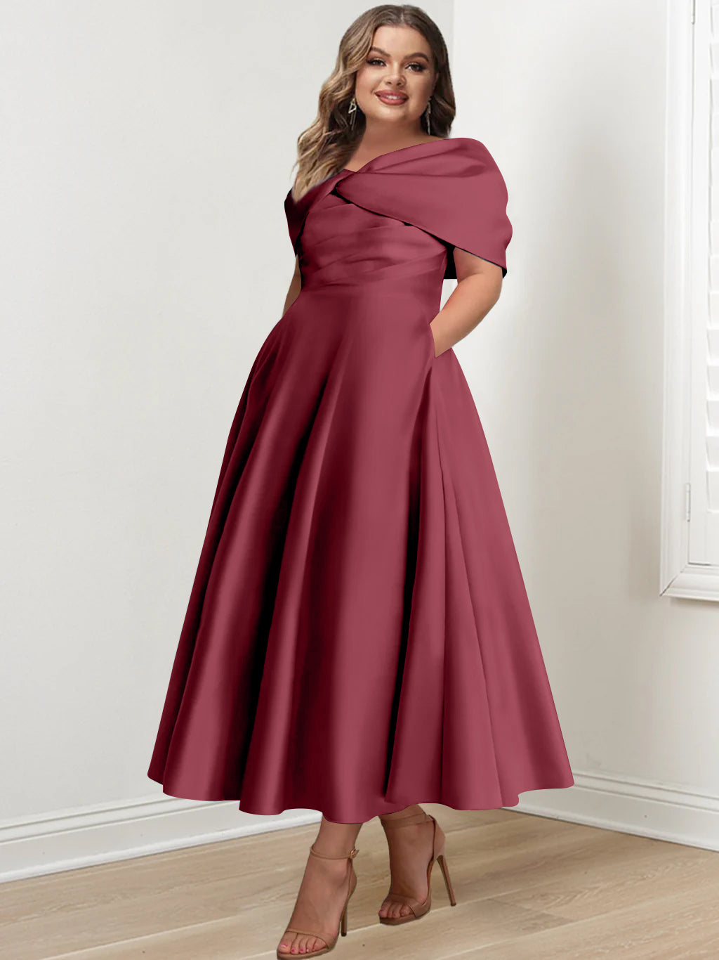 Plus Size Off-The-Shoulder A-Line Princess Ankle-Length Mother Of The Bride Dress With Ruffles & Bowknot-BMbridal.UK