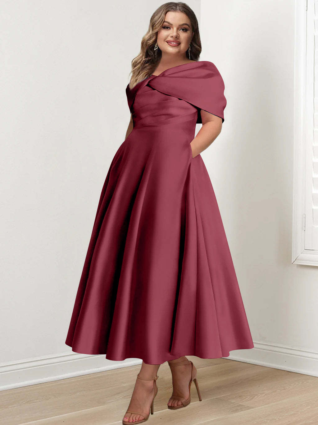 Plus Size Off-The-Shoulder A-Line Princess Ankle-Length Mother Of The Bride Dress With Ruffles & Bowknot-BMbridal.UK