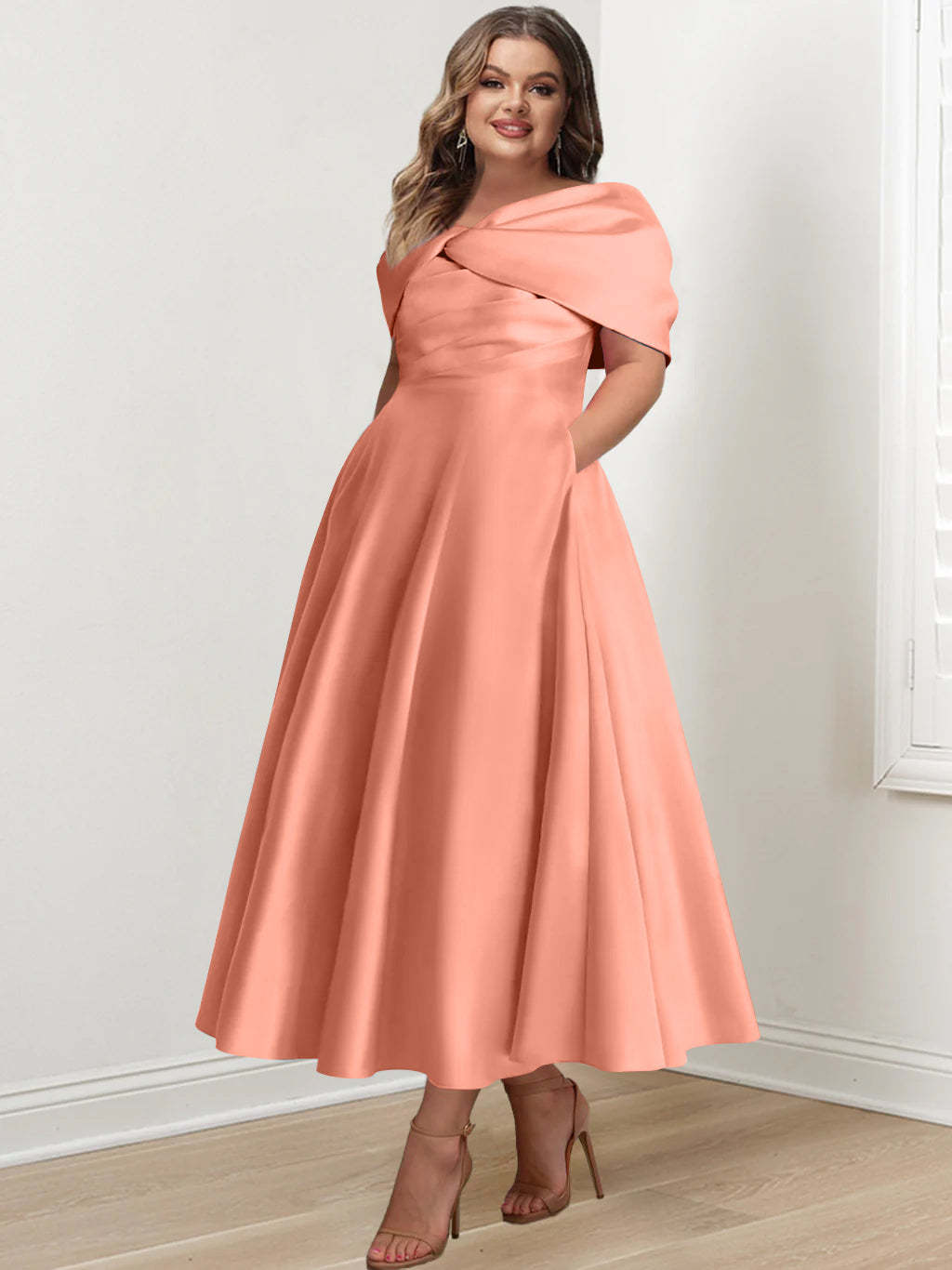 Plus Size Off-The-Shoulder A-Line Princess Ankle-Length Mother Of The Bride Dress With Ruffles & Bowknot-BMbridal.UK