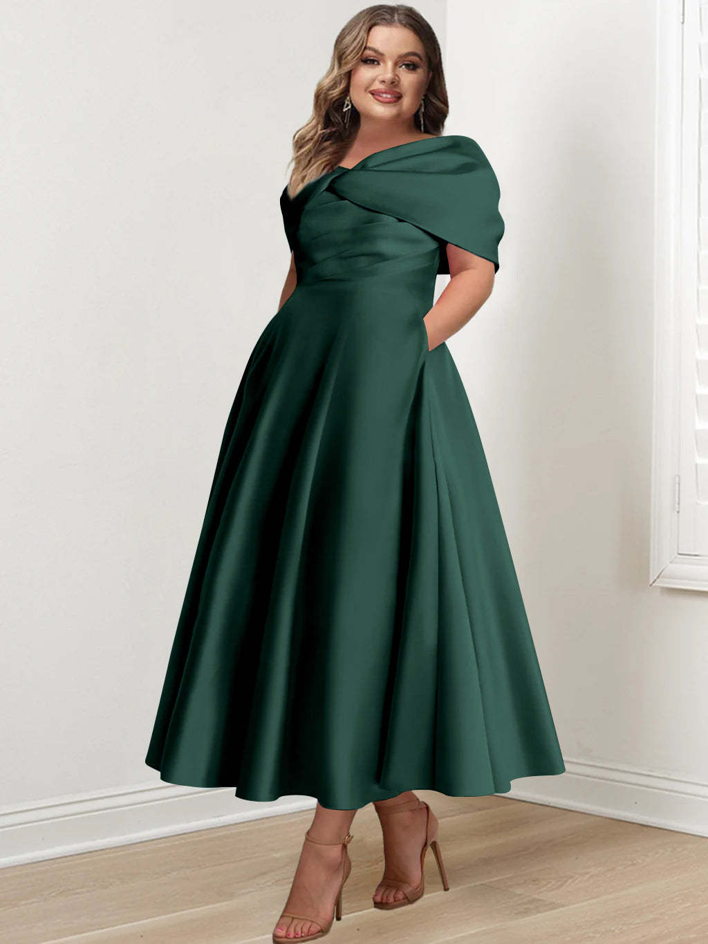 Plus Size Off-The-Shoulder A-Line Princess Ankle-Length Mother Of The Bride Dress With Ruffles & Bowknot-BMbridal.UK