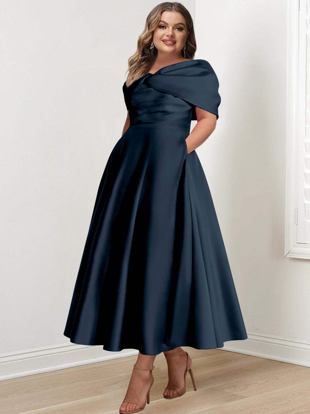 Plus Size Off-The-Shoulder A-Line Princess Ankle-Length Mother Of The Bride Dress With Ruffles & Bowknot-BMbridal.UK