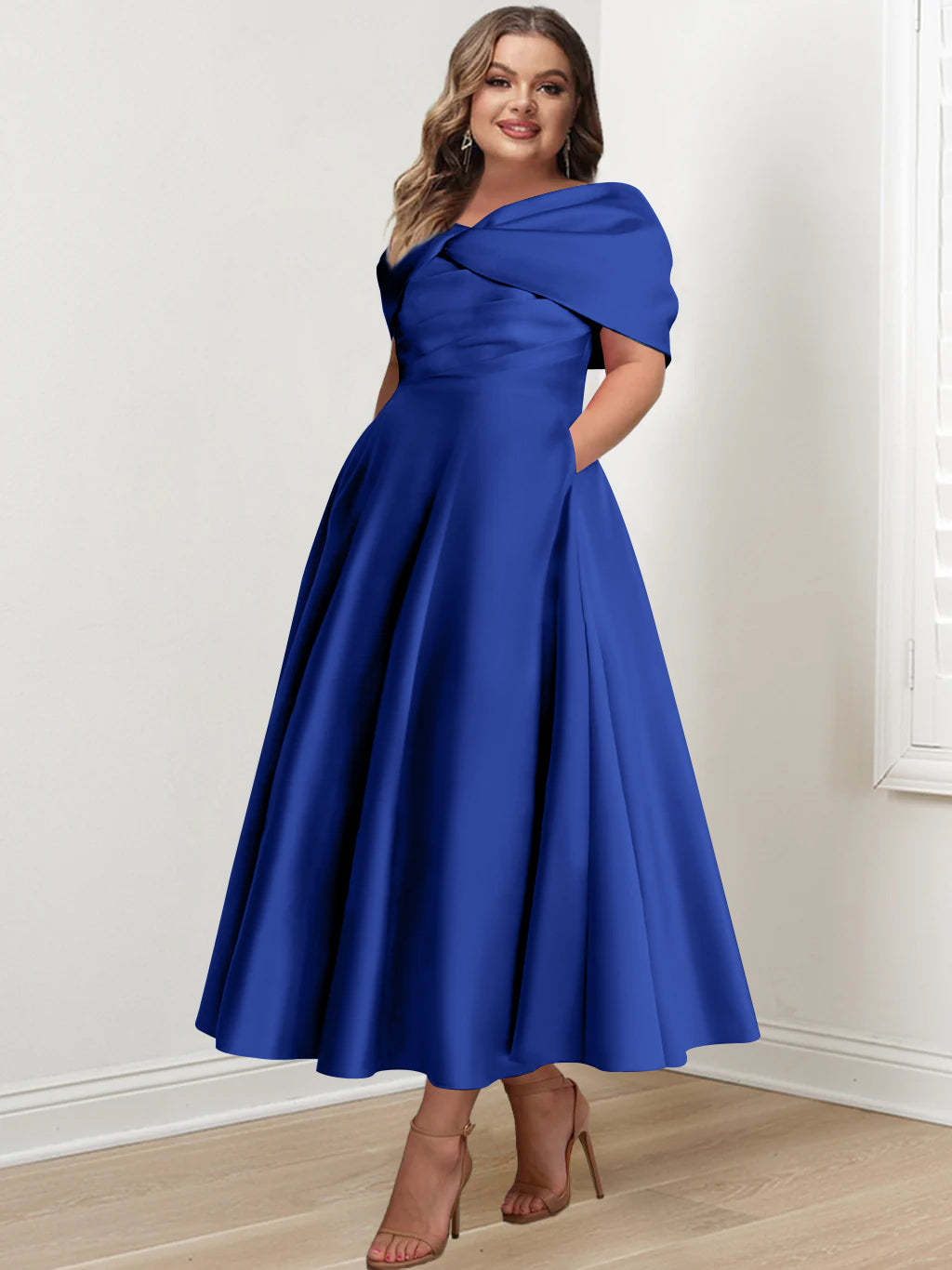 Plus Size Off-The-Shoulder A-Line Princess Ankle-Length Mother Of The Bride Dress With Ruffles & Bowknot-BMbridal.UK