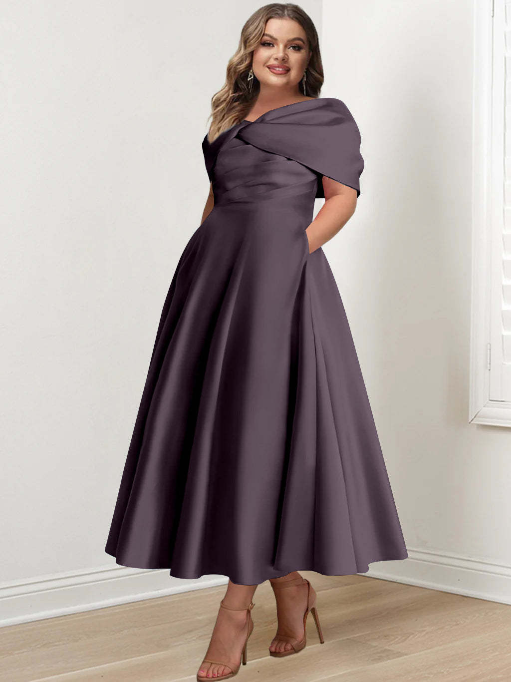 Plus Size Off-The-Shoulder A-Line Princess Ankle-Length Mother Of The Bride Dress With Ruffles & Bowknot-BMbridal.UK