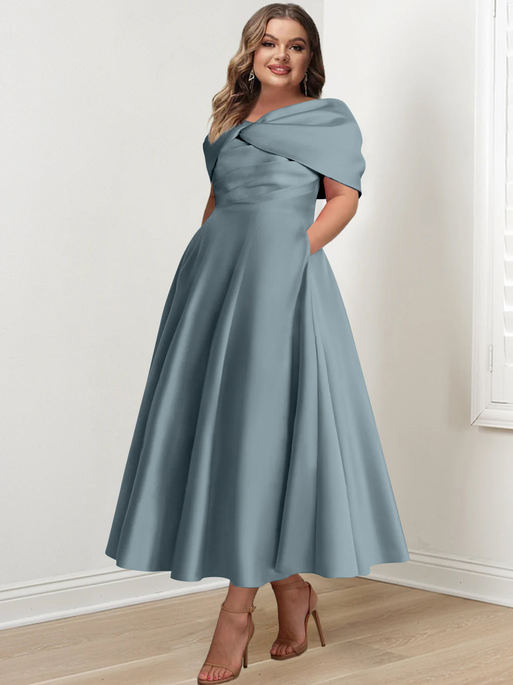 Plus Size Off-The-Shoulder A-Line Princess Ankle-Length Mother Of The Bride Dress With Ruffles & Bowknot-BMbridal.UK