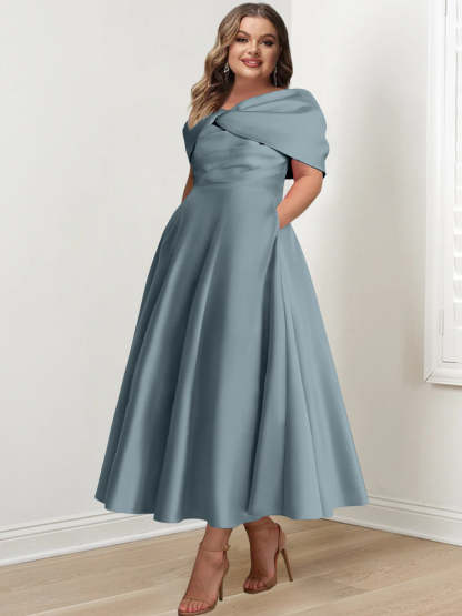 Plus Size Off-The-Shoulder A-Line Princess Ankle-Length Mother Of The Bride Dress With Ruffles & Bowknot-BMbridal.UK