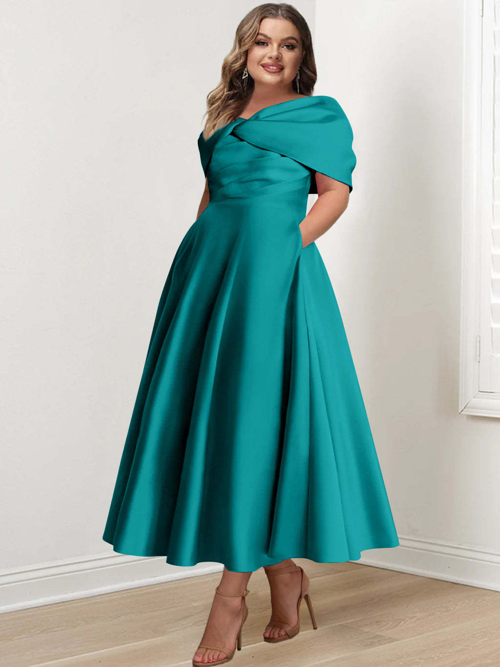 Plus Size Off-The-Shoulder A-Line Princess Ankle-Length Mother Of The Bride Dress With Ruffles & Bowknot-BMbridal.UK