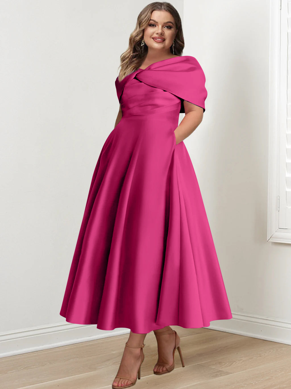 Plus Size Off-The-Shoulder A-Line Princess Ankle-Length Mother Of The Bride Dress With Ruffles & Bowknot-BMbridal.UK