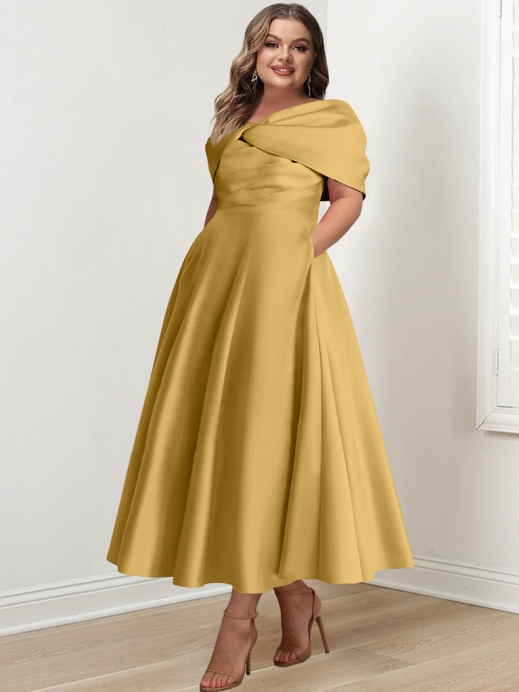 Plus Size Off-The-Shoulder A-Line Princess Ankle-Length Mother Of The Bride Dress With Ruffles & Bowknot-BMbridal.UK