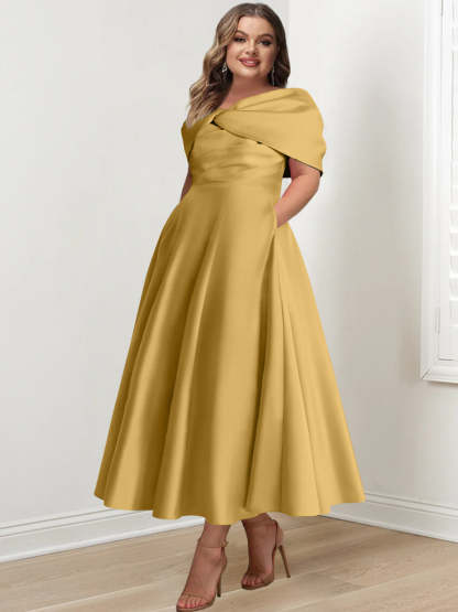 Plus Size Off-The-Shoulder A-Line Princess Ankle-Length Mother Of The Bride Dress With Ruffles & Bowknot-BMbridal.UK