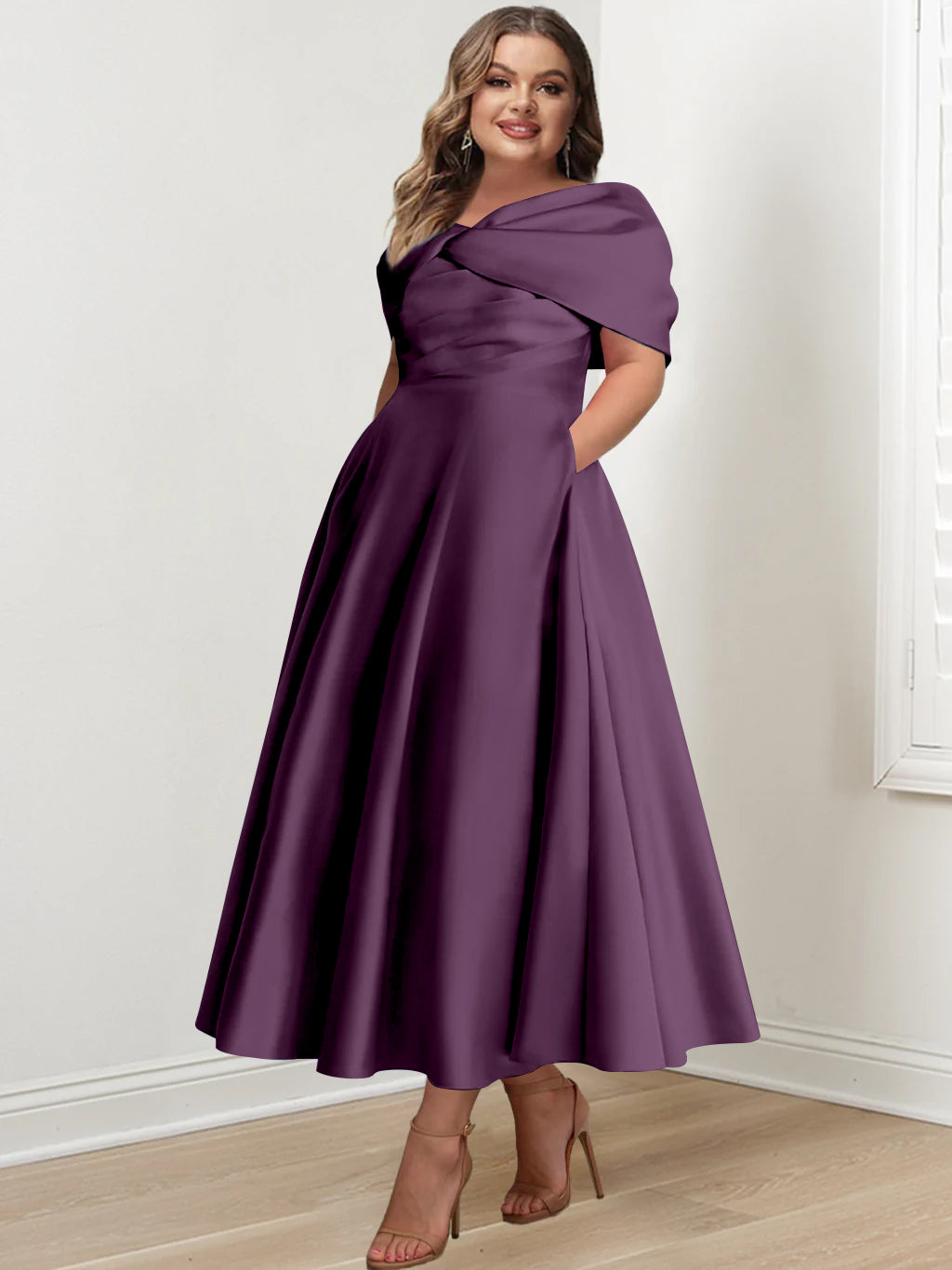 Plus Size Off-The-Shoulder A-Line Princess Ankle-Length Mother Of The Bride Dress With Ruffles & Bowknot-BMbridal.UK