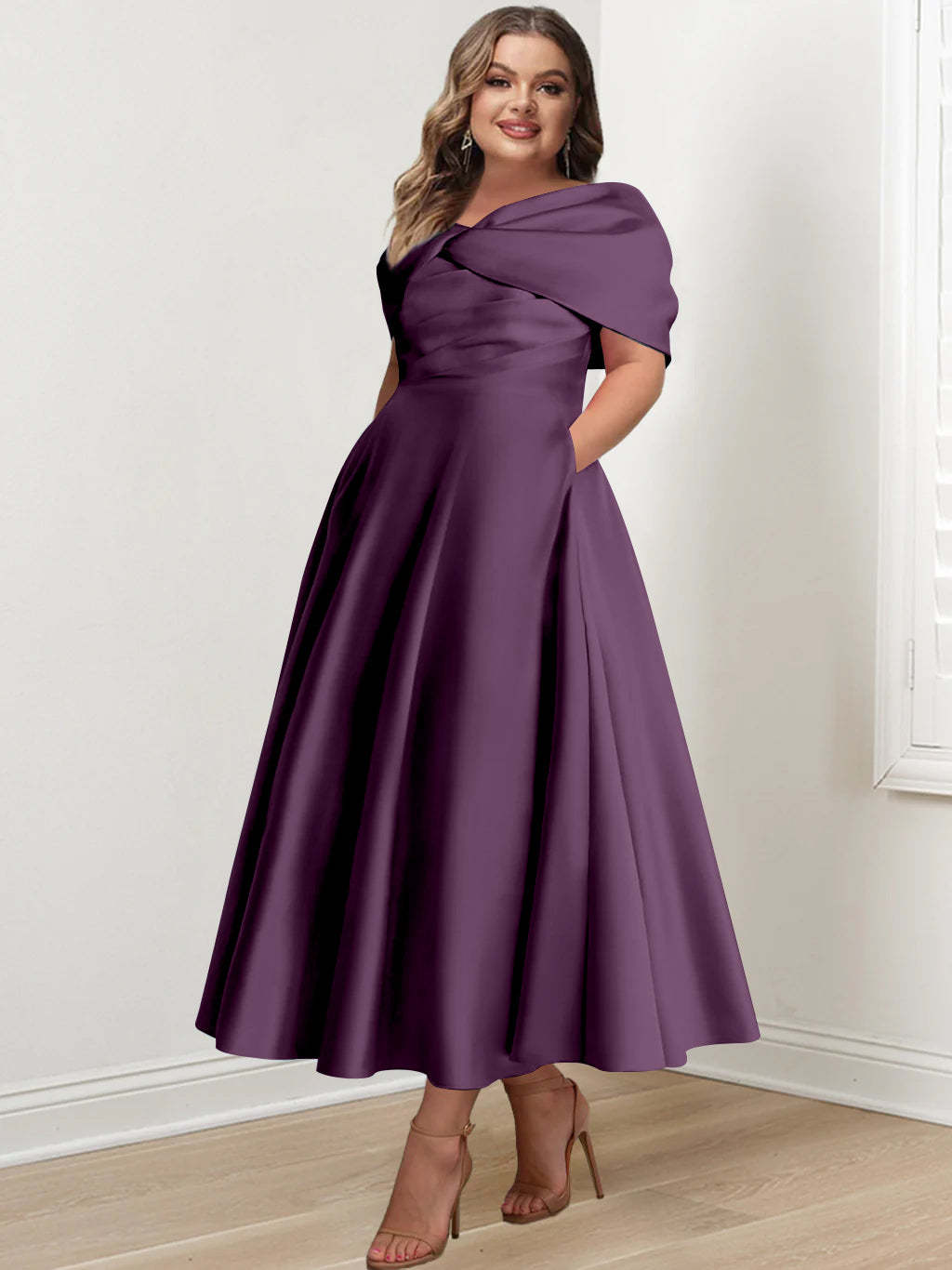 Plus Size Off-The-Shoulder A-Line Princess Ankle-Length Mother Of The Bride Dress With Ruffles & Bowknot-BMbridal.UK