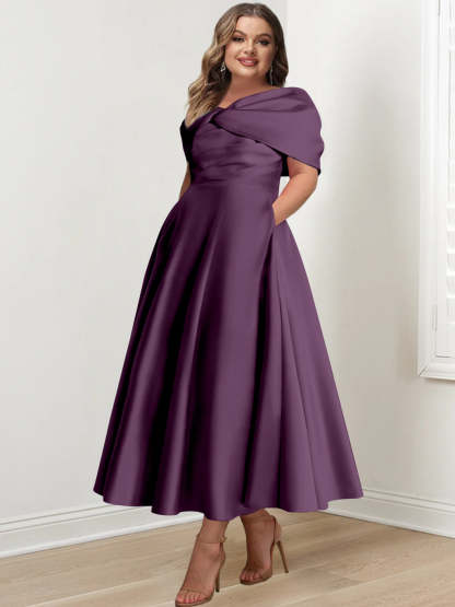 Plus Size Off-The-Shoulder A-Line Princess Ankle-Length Mother Of The Bride Dress With Ruffles & Bowknot-BMbridal.UK
