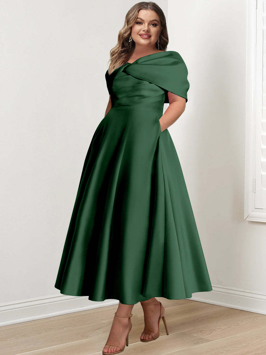Plus Size Off-The-Shoulder A-Line Princess Ankle-Length Mother Of The Bride Dress With Ruffles & Bowknot-BMbridal.UK