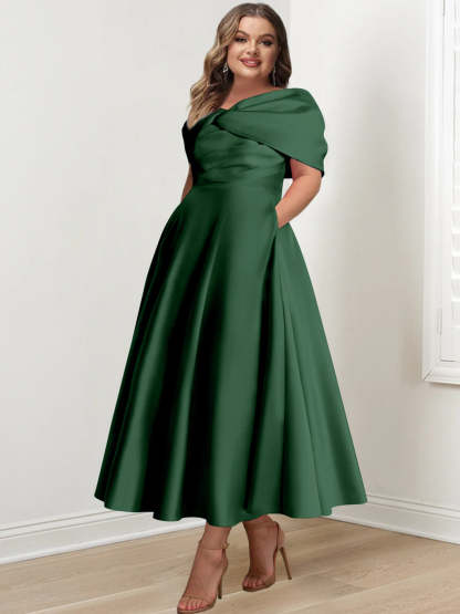 Plus Size Off-The-Shoulder A-Line Princess Ankle-Length Mother Of The Bride Dress With Ruffles & Bowknot-BMbridal.UK