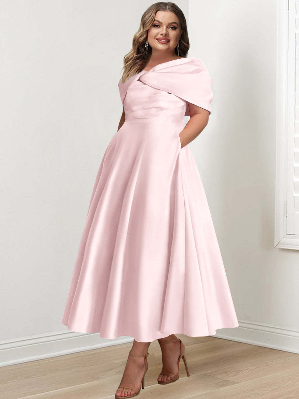 Plus Size Off-The-Shoulder A-Line Princess Ankle-Length Mother Of The Bride Dress With Ruffles & Bowknot-BMbridal.UK