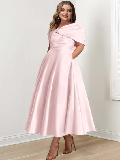 Plus Size Off-The-Shoulder A-Line Princess Ankle-Length Mother Of The Bride Dress With Ruffles & Bowknot-BMbridal.UK