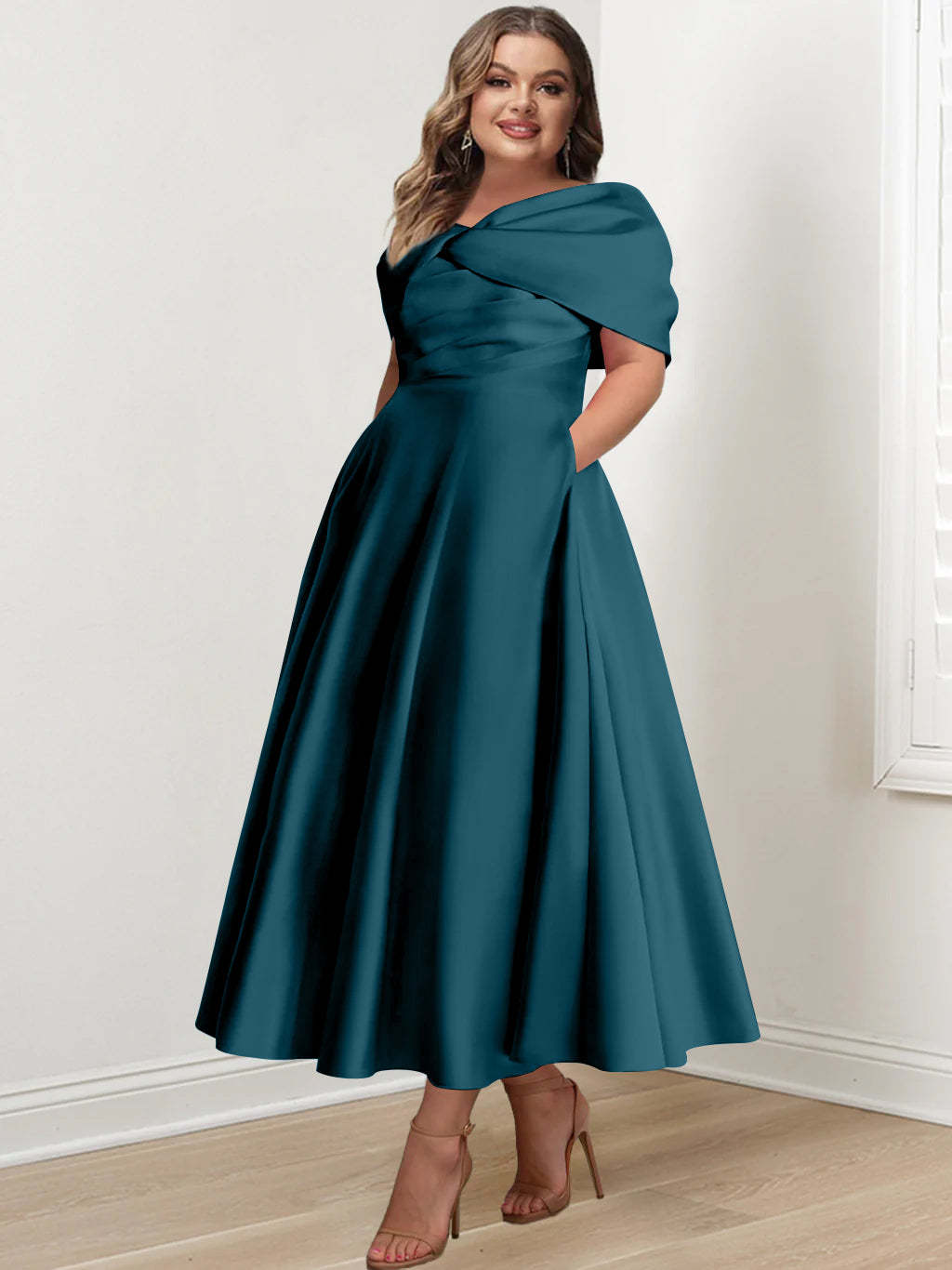Plus Size Off-The-Shoulder A-Line Princess Ankle-Length Mother Of The Bride Dress With Ruffles & Bowknot-BMbridal.UK