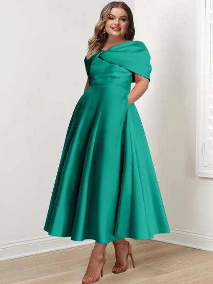Plus Size Off-The-Shoulder A-Line Princess Ankle-Length Mother Of The Bride Dress With Ruffles & Bowknot-BMbridal.UK