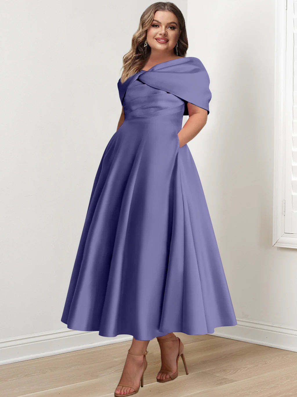 Plus Size Off-The-Shoulder A-Line Princess Ankle-Length Mother Of The Bride Dress With Ruffles & Bowknot-BMbridal.UK