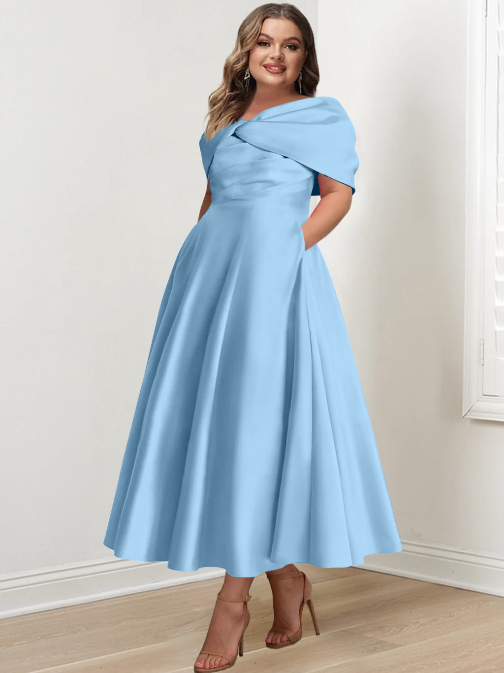 Plus Size Off-The-Shoulder A-Line Princess Ankle-Length Mother Of The Bride Dress With Ruffles & Bowknot-BMbridal.UK